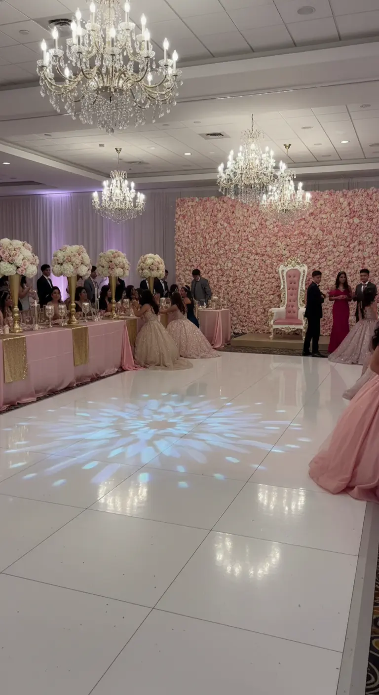Salón de baile de quinceañera con un muro de flores rosas y un trono blanco.