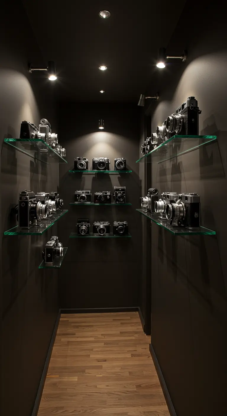 Pasillo oscuro con estantes de vidrio iluminados que exhiben una colección de cámaras antiguas.