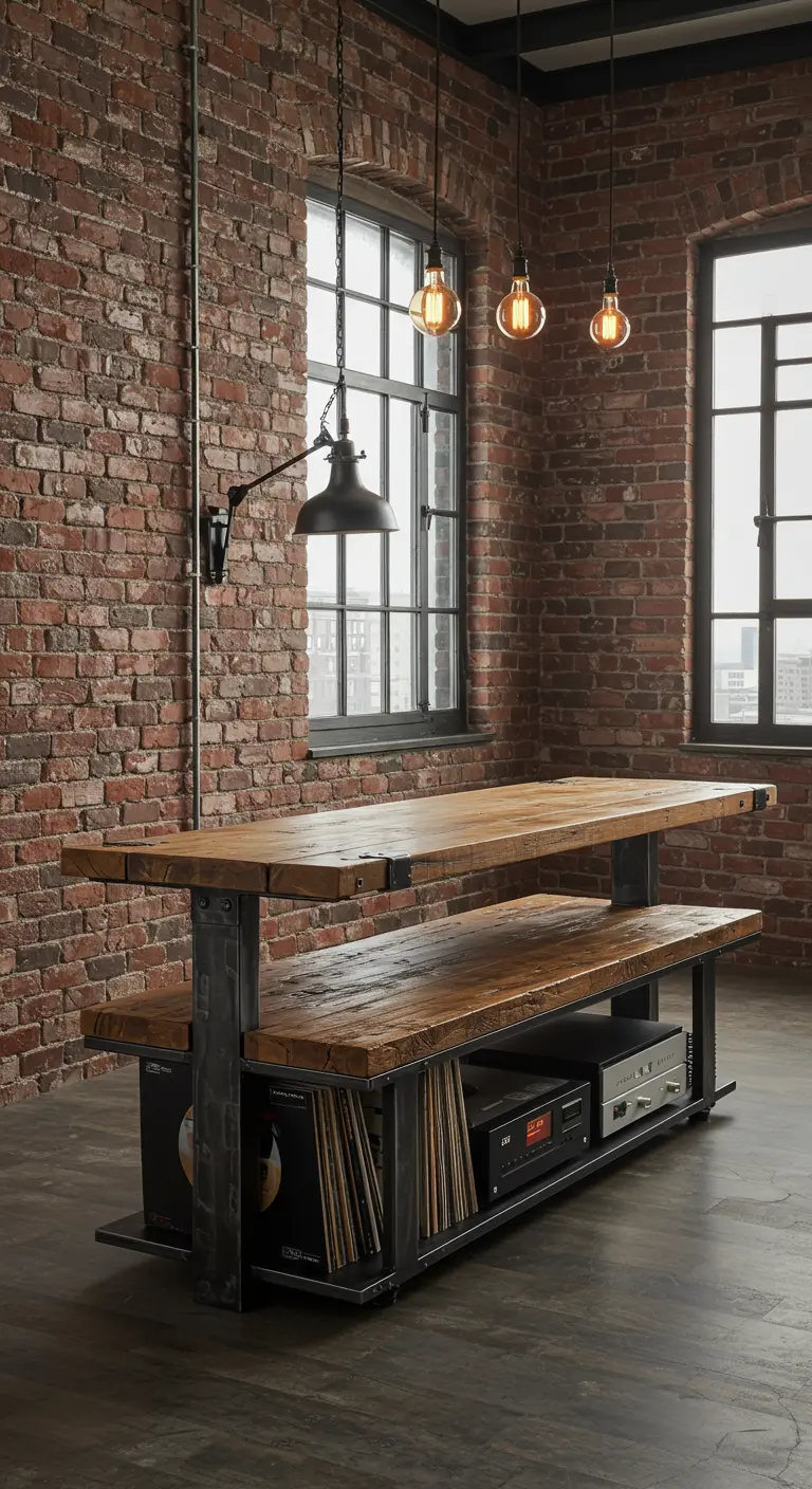 Banco de madera y metal de estilo industrial que sirve como mueble para un tocadiscos y vinilos.