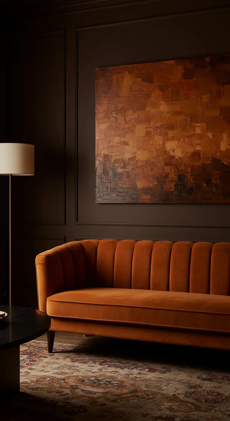 Sala con paredes marrones oscuras y un sofá de terciopelo naranja quemado.