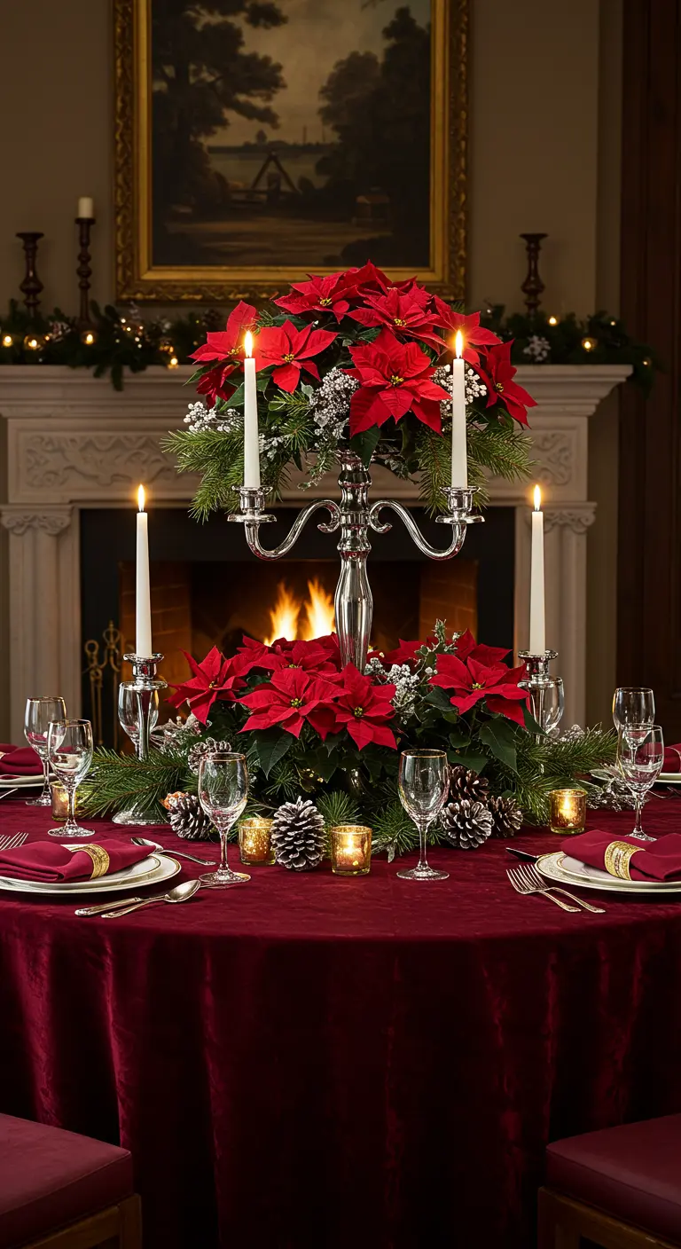 Centro de mesa navideño con nochebuenas rojas y candelabro de plata.