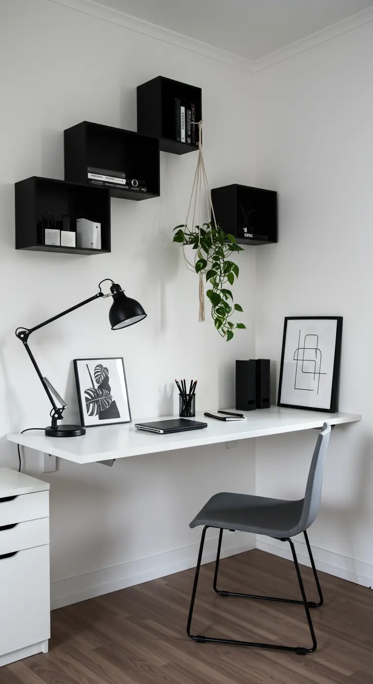 Oficina esquinera minimalista en blanco y negro con estanterías cúbicas y un escritorio flotante.