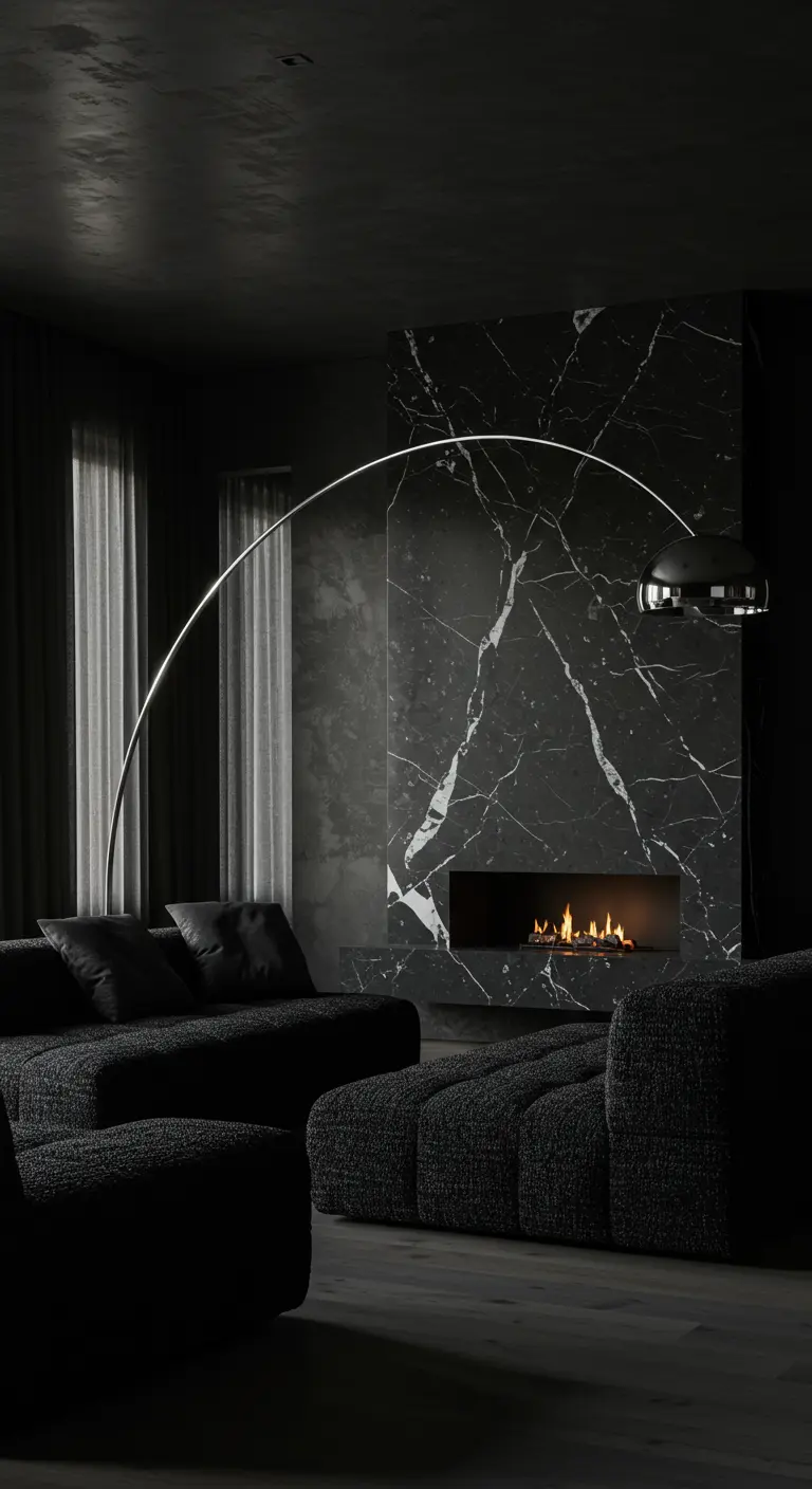 Sala de estar minimalista en negro total con sofá texturizado y lámpara de arco.