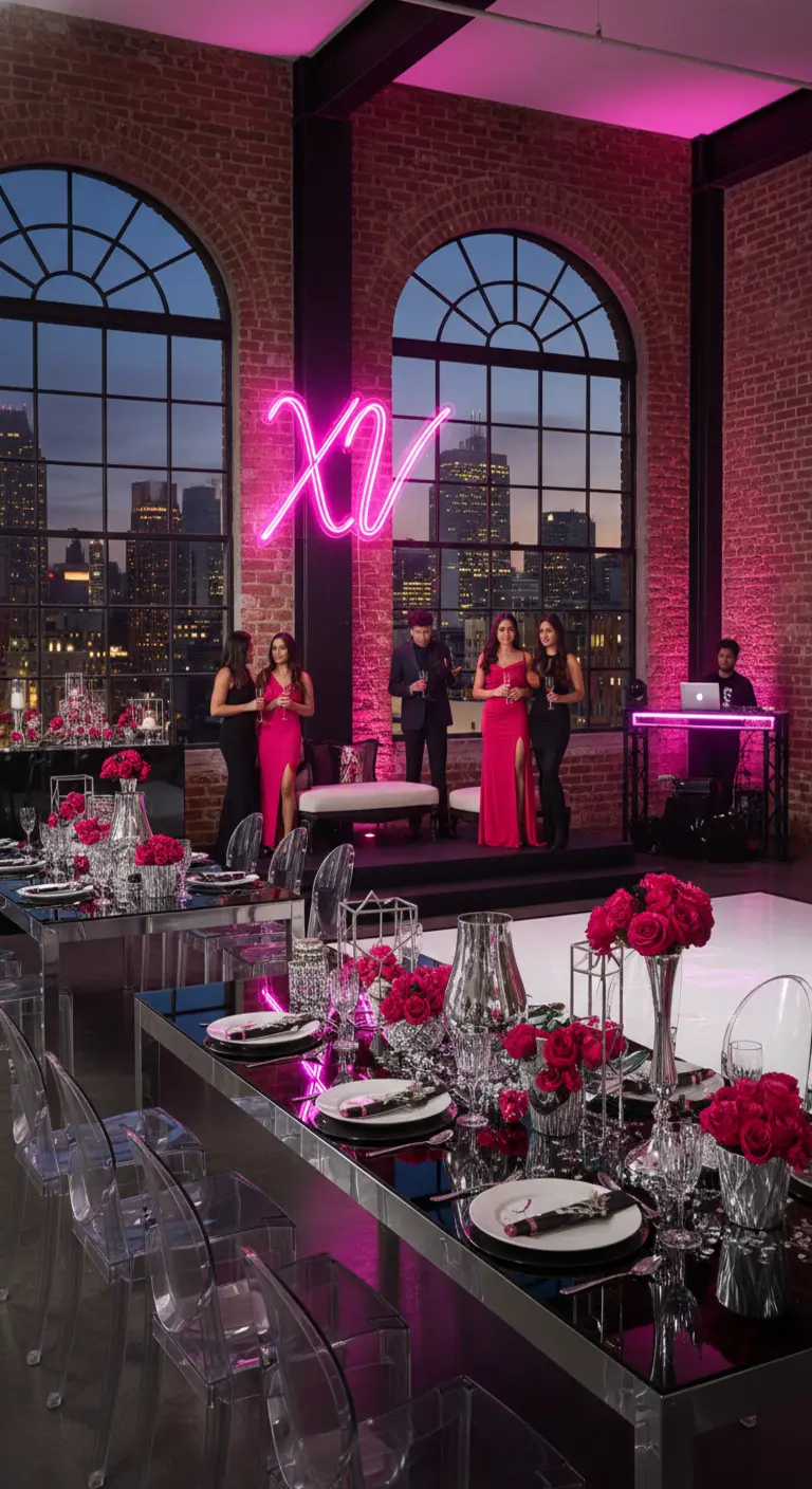 Quinceañera moderna en un loft con un letrero de neón rosa y mesas negras.