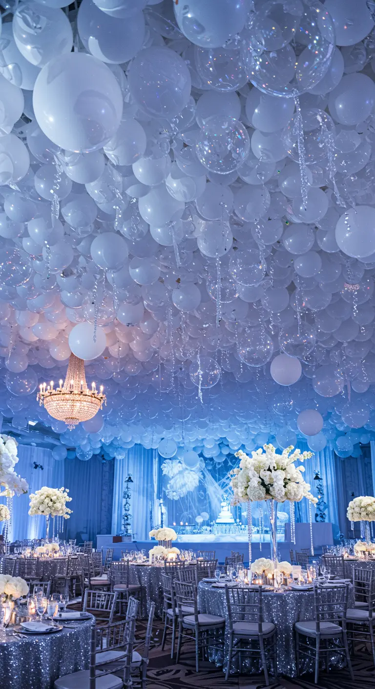Techo cubierto de globos blancos y transparentes con adornos de cristal colgantes.