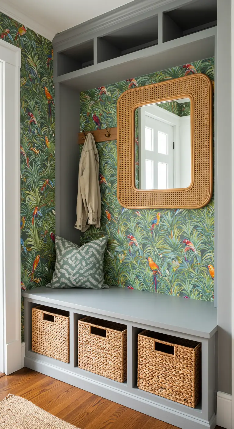Rincón de entrada con papel tapiz de loros, mueble de almacenaje gris y espejo de ratán cuadrado.