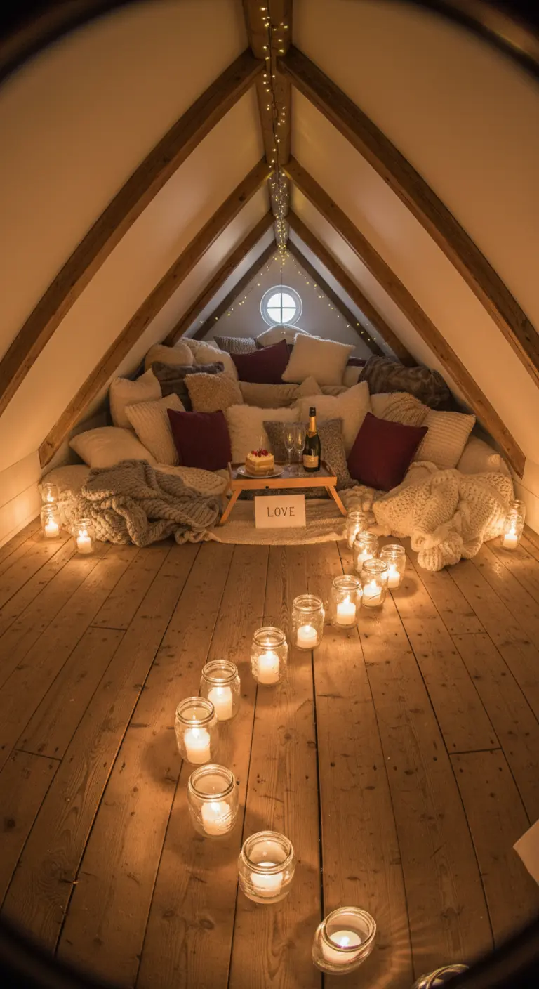 Un rincón acogedor en un ático con un camino de velas en tarros de cristal.