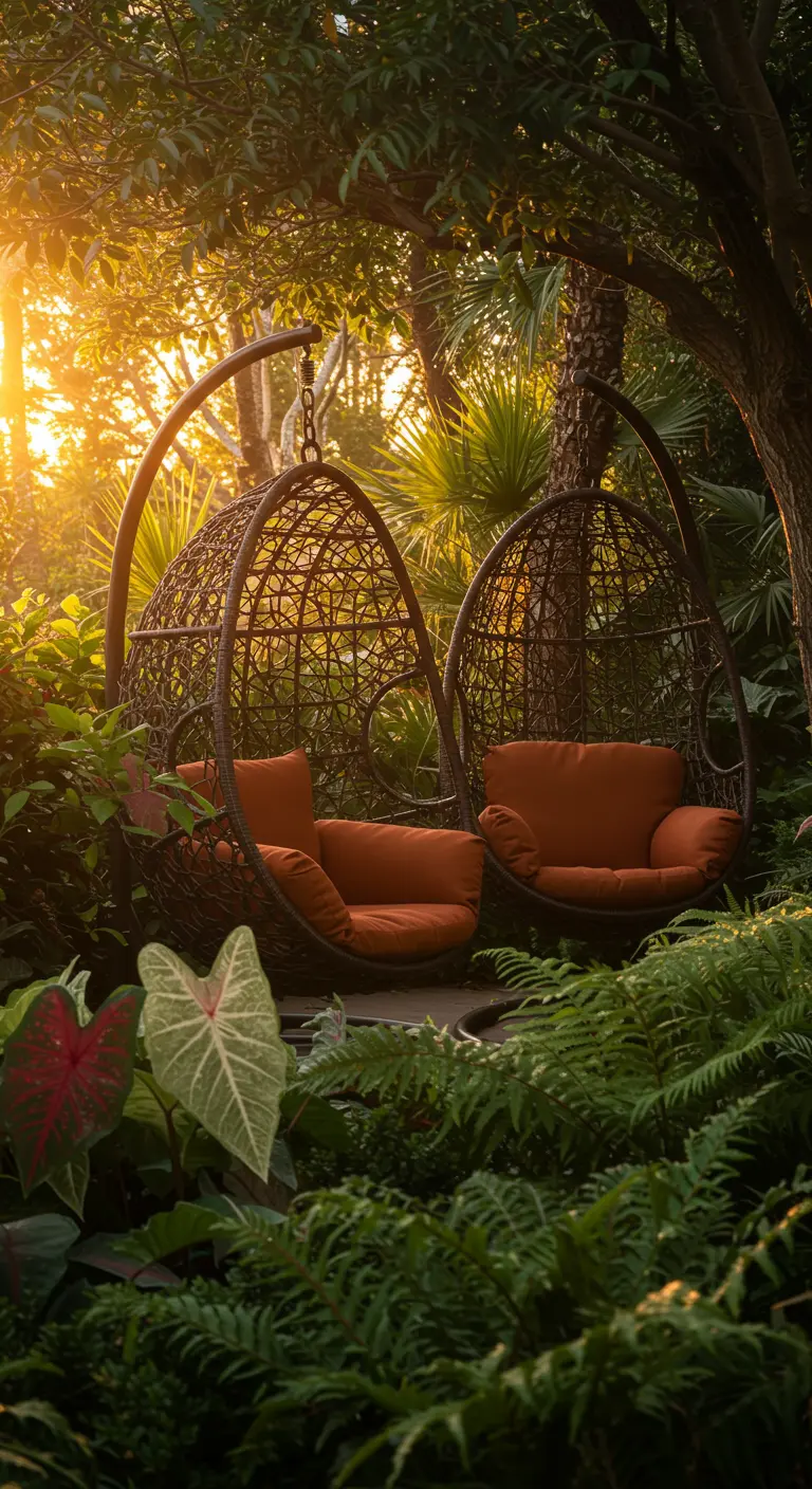Dos sillas colgantes de ratán con cojines naranjas en un rincón frondoso de un jardín al atardecer.