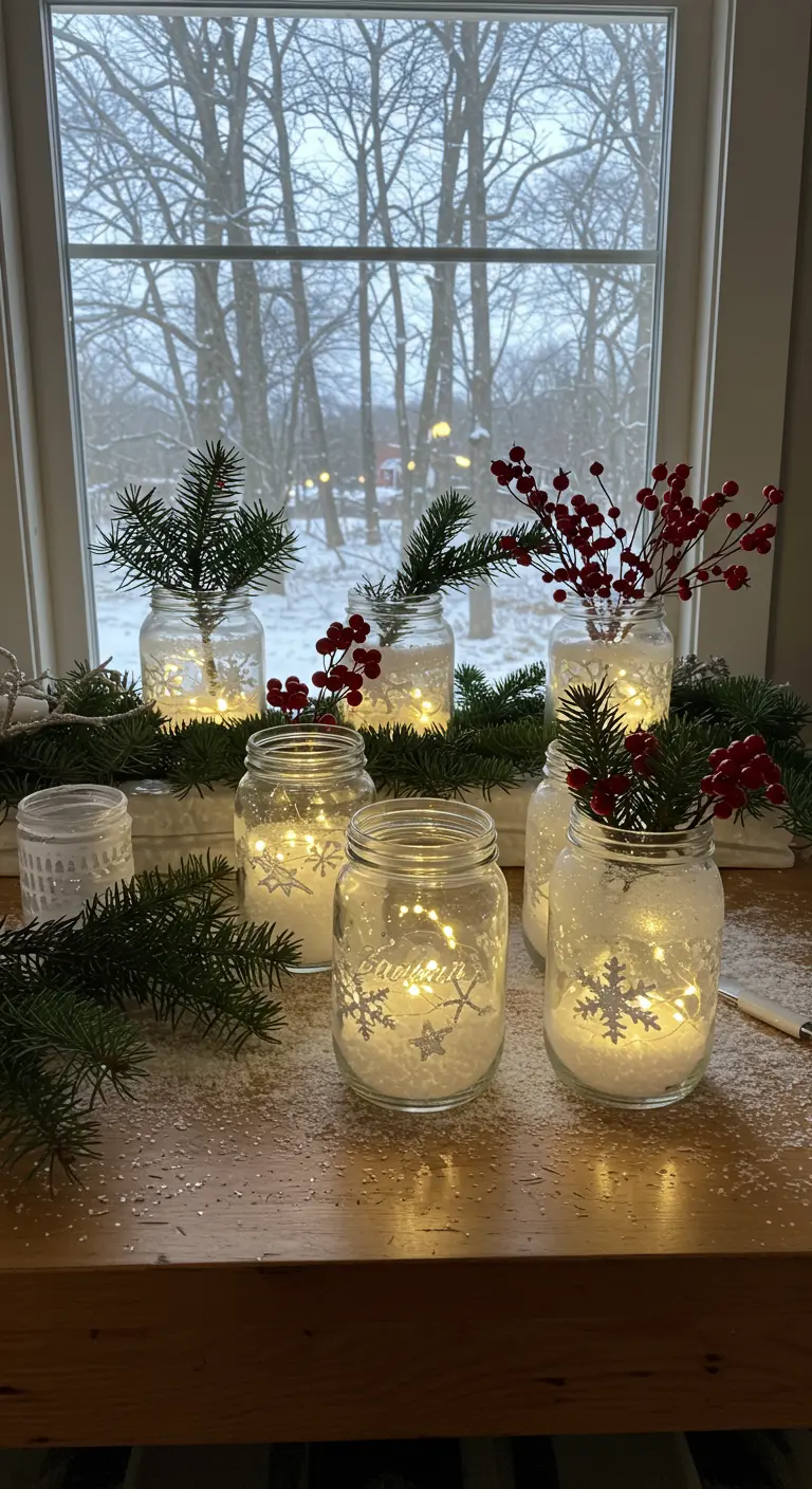 Frascos de vidrio con nieve artificial, luces LED y ramas de pino, creando un ambiente invernal.
