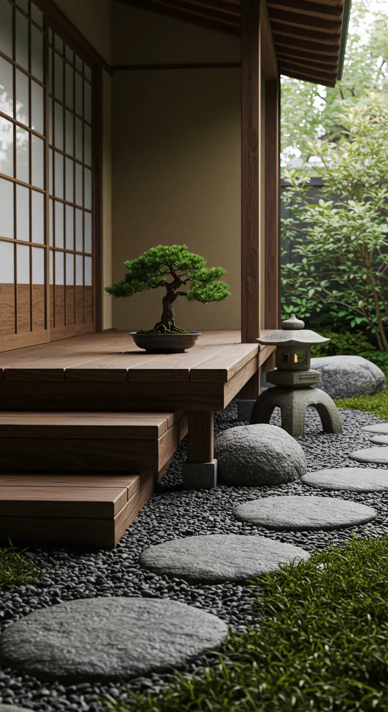 Porche de madera de varios niveles con un jardín seco de grava y piedras, una linterna y un bonsái.