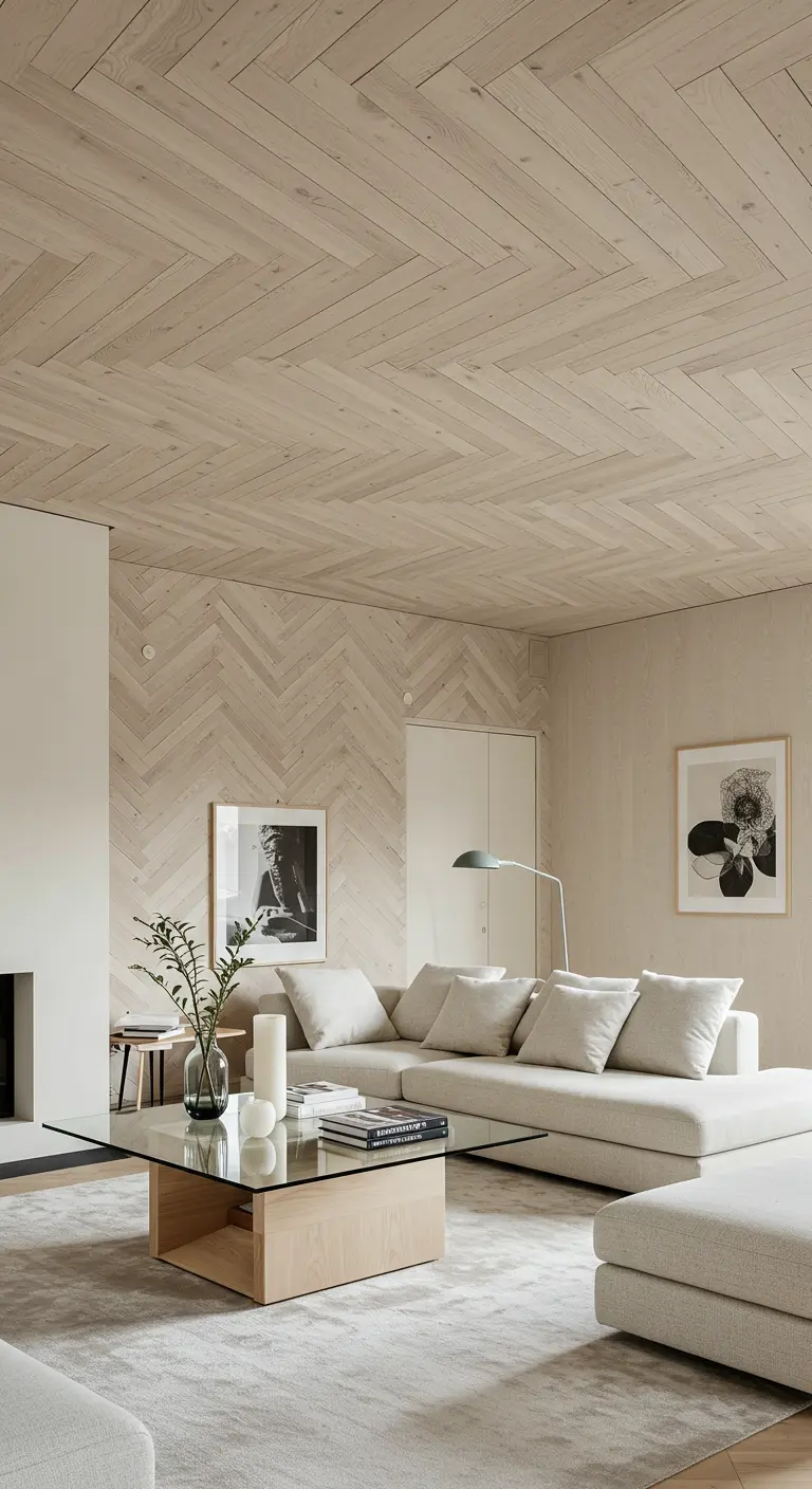 Salón con techo y pared de madera clara en patrón de espiga y un gran sofá seccional blanco.