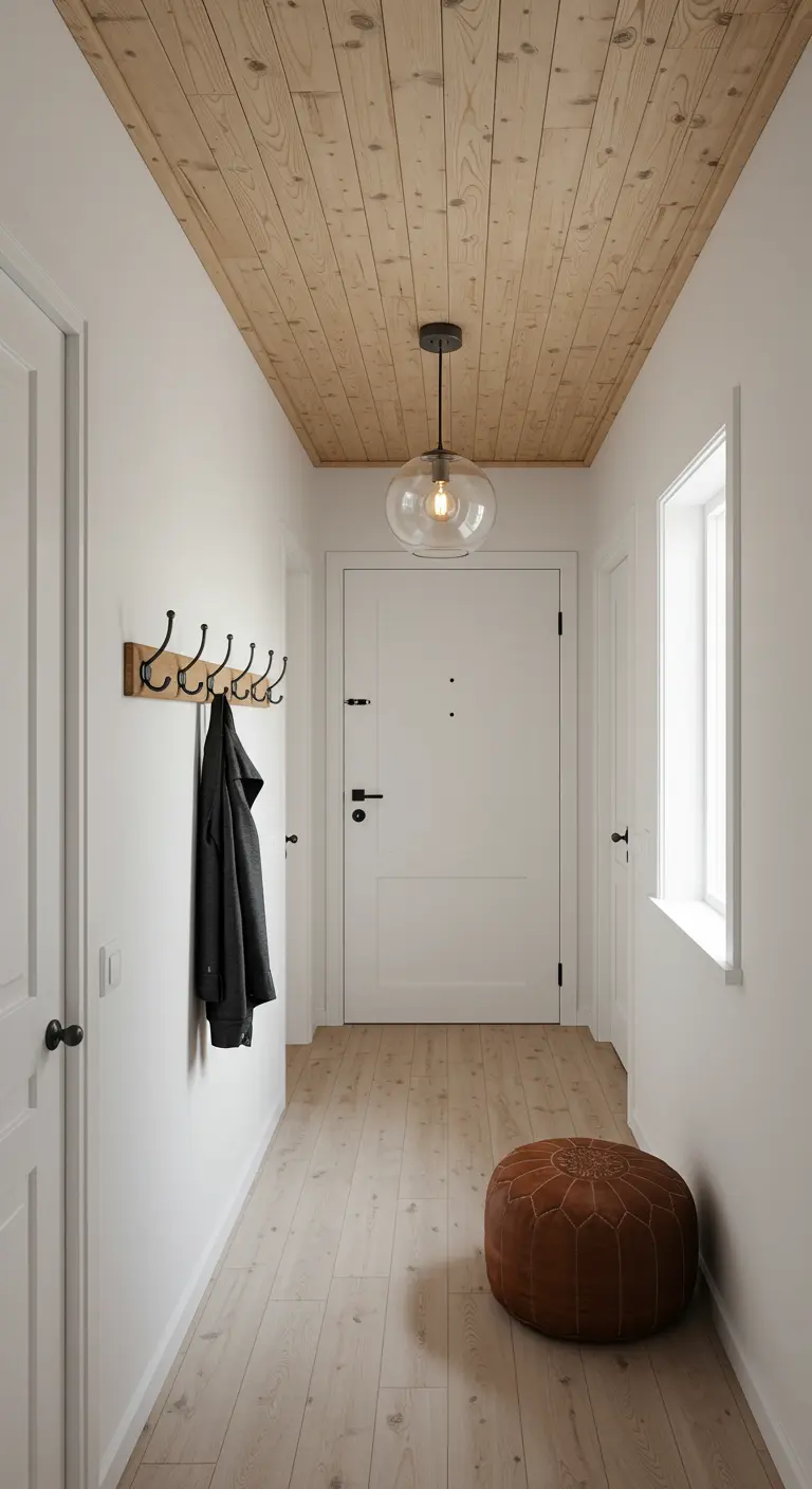 Pasillo con techo revestido de madera, paredes blancas, percheros y un puf de cuero marrón.