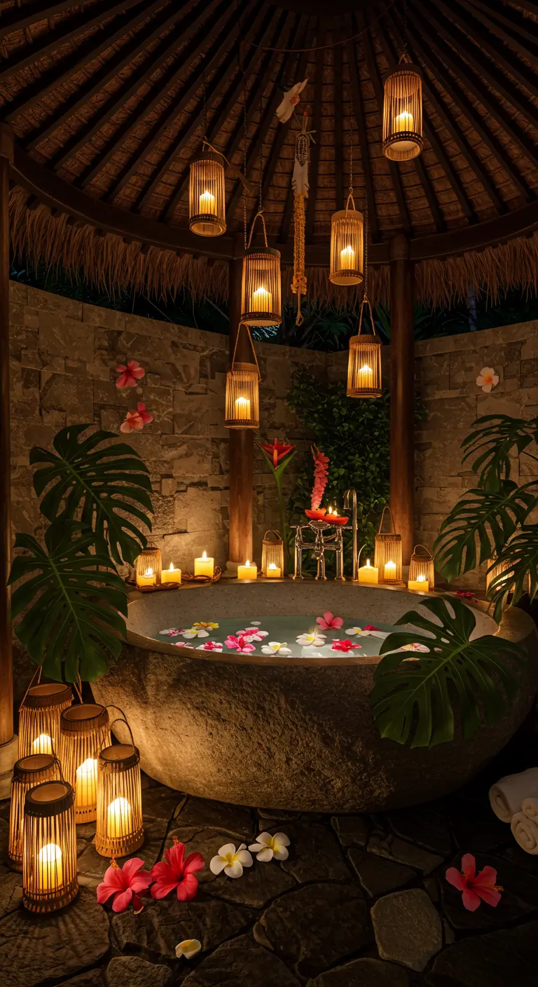 Bañera de piedra en un entorno tropical con farolillos de bambú y plantas exóticas.
