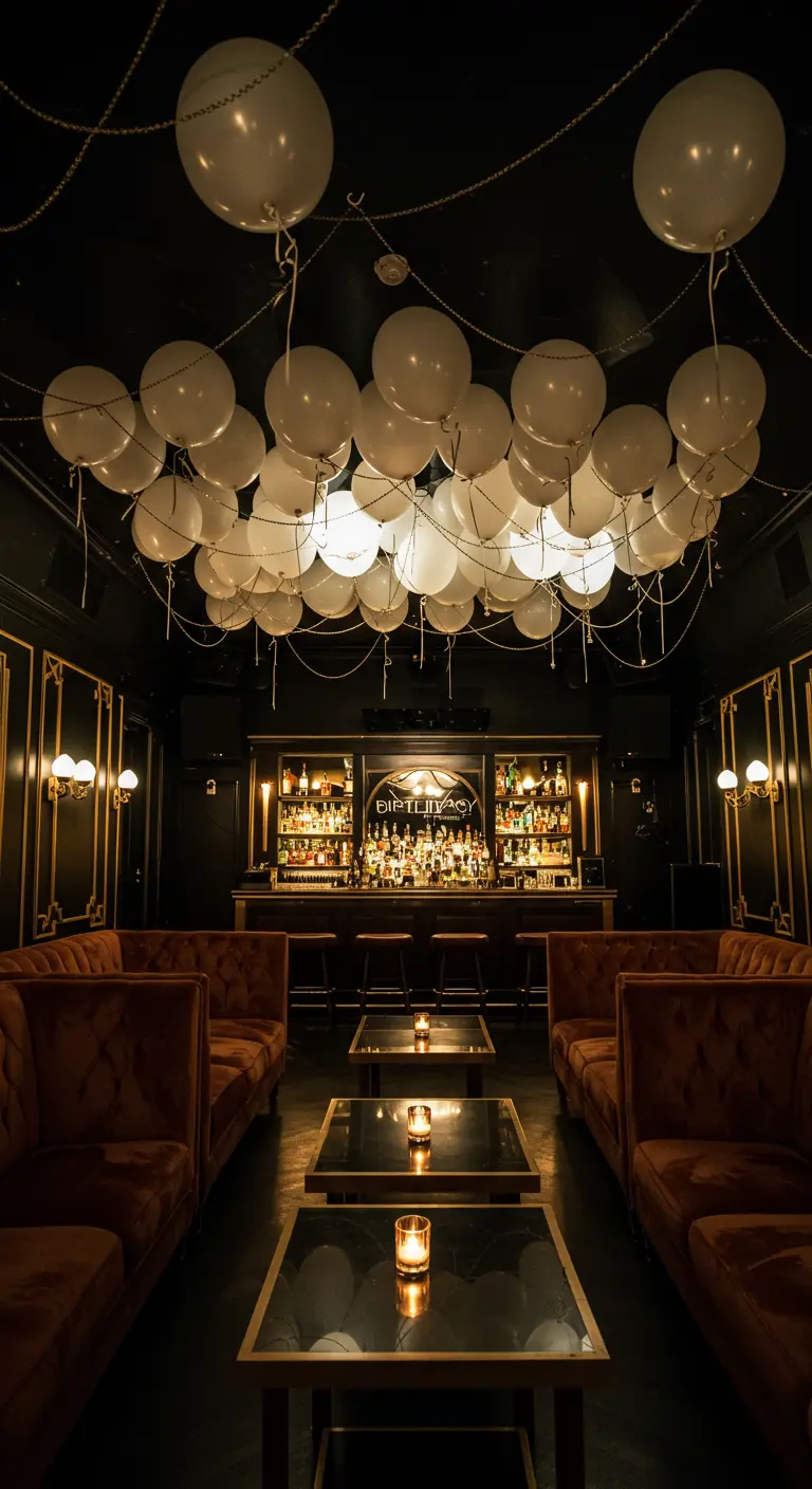 Globos blancos con cuerdas doradas flotando en el techo de un bar oscuro y elegante.