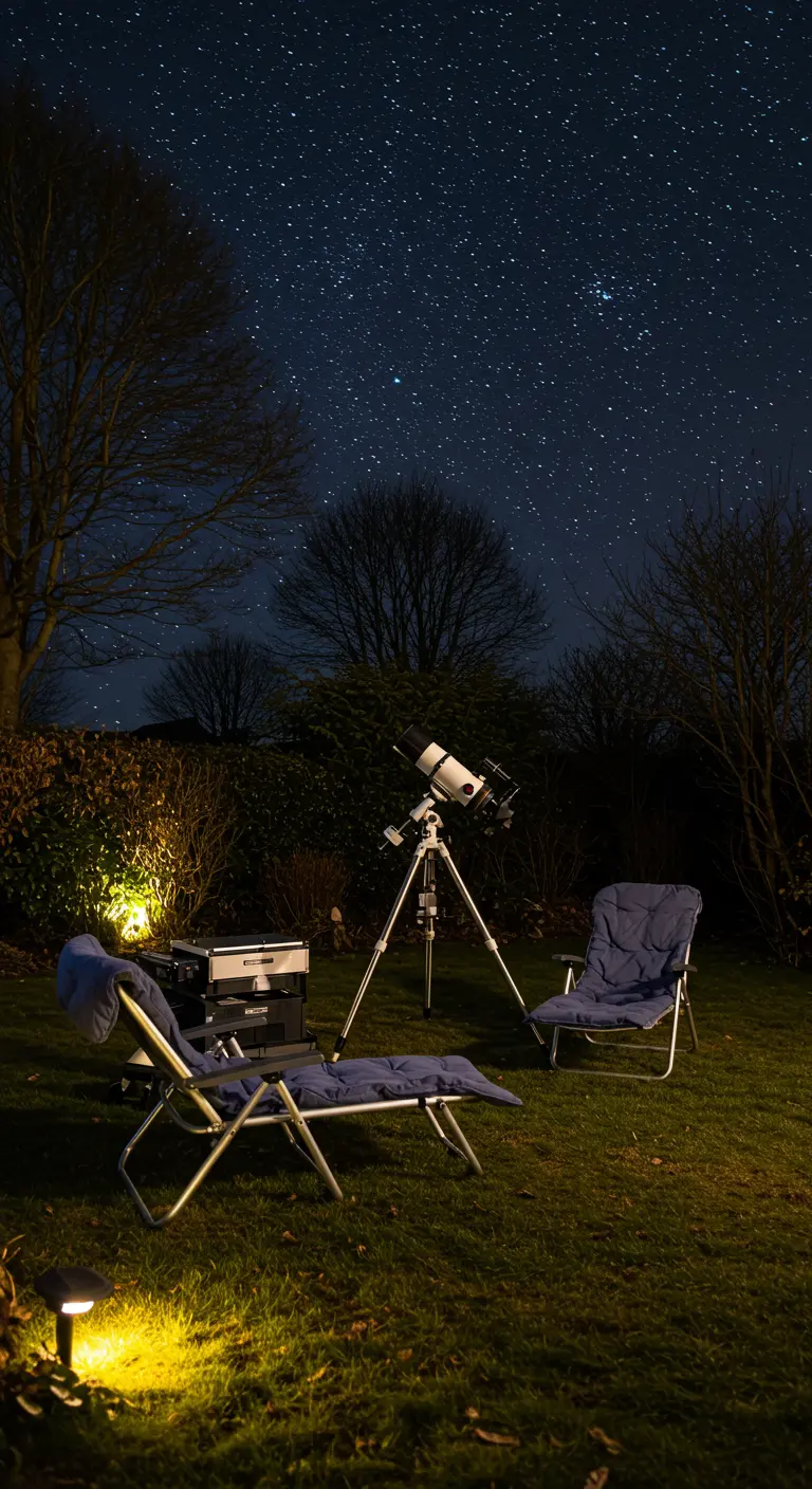 Telescopio y sillas de jardín instalados en el césped bajo un cielo estrellado.