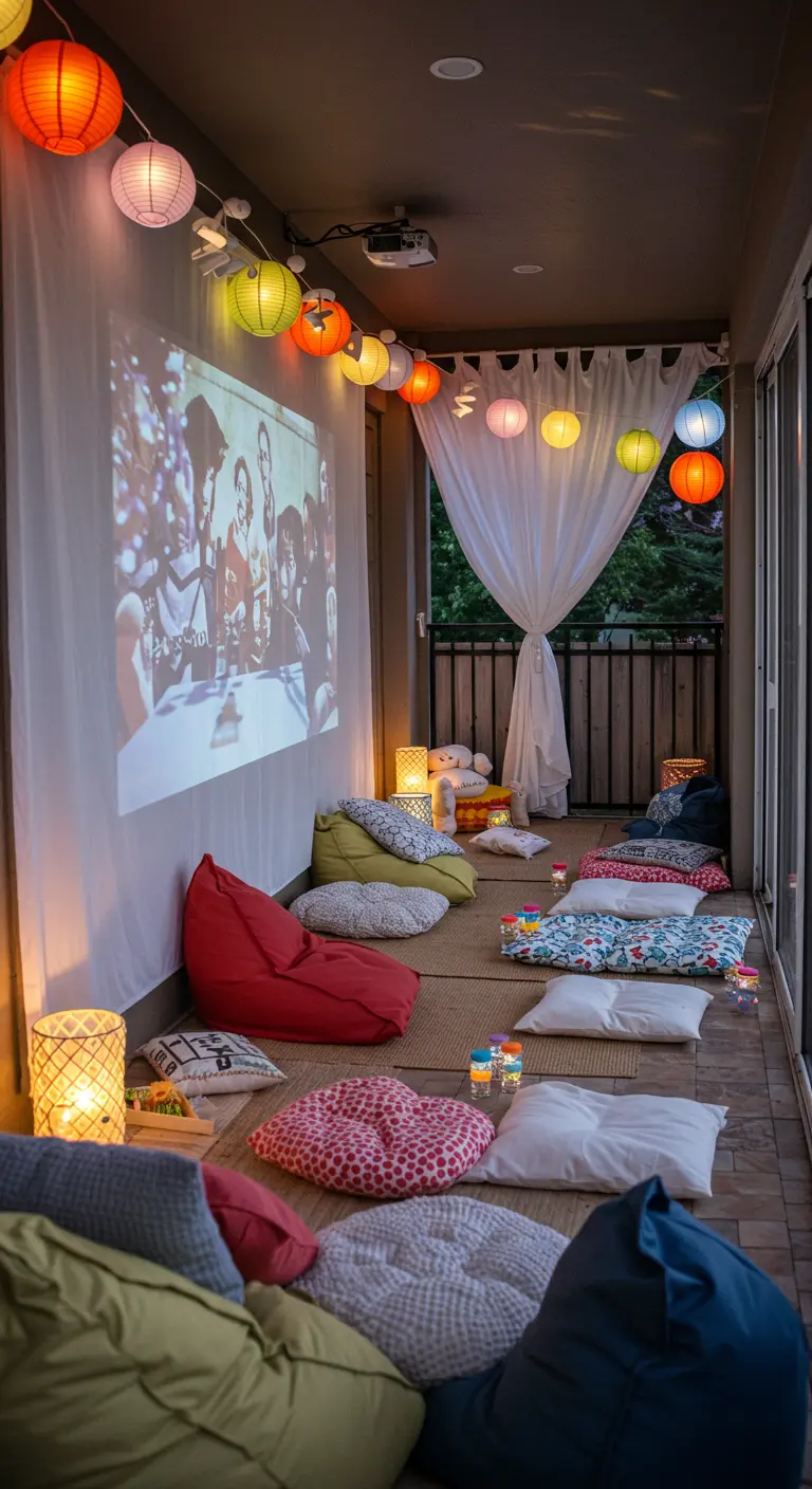 Balcón convertido en cine de verano con proyector, cojines en el suelo y farolillos de colores.