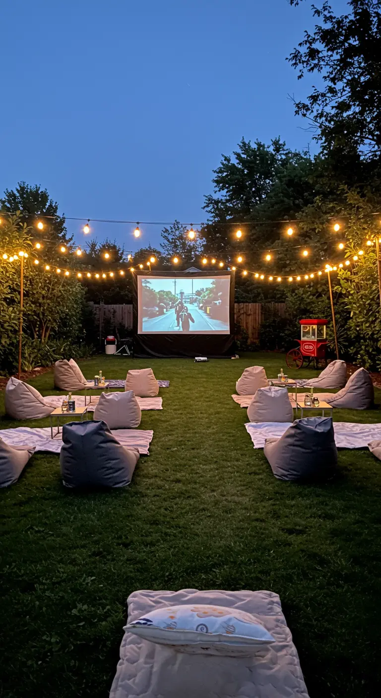 Cine al aire libre en el jardín con una pantalla grande, pufs y guirnaldas de luces.