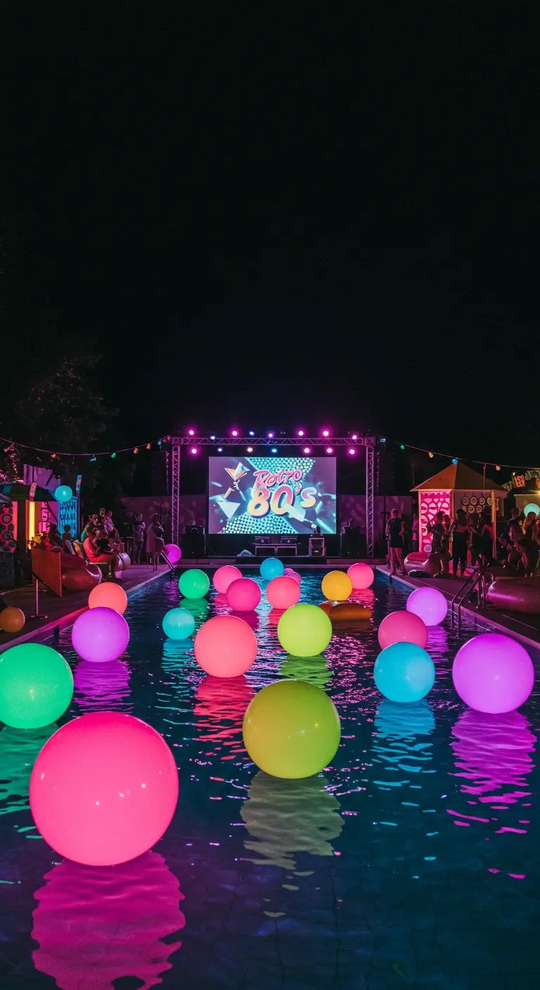 Fiesta temática de los 80 con globos de neón en la piscina y un escenario al fondo.