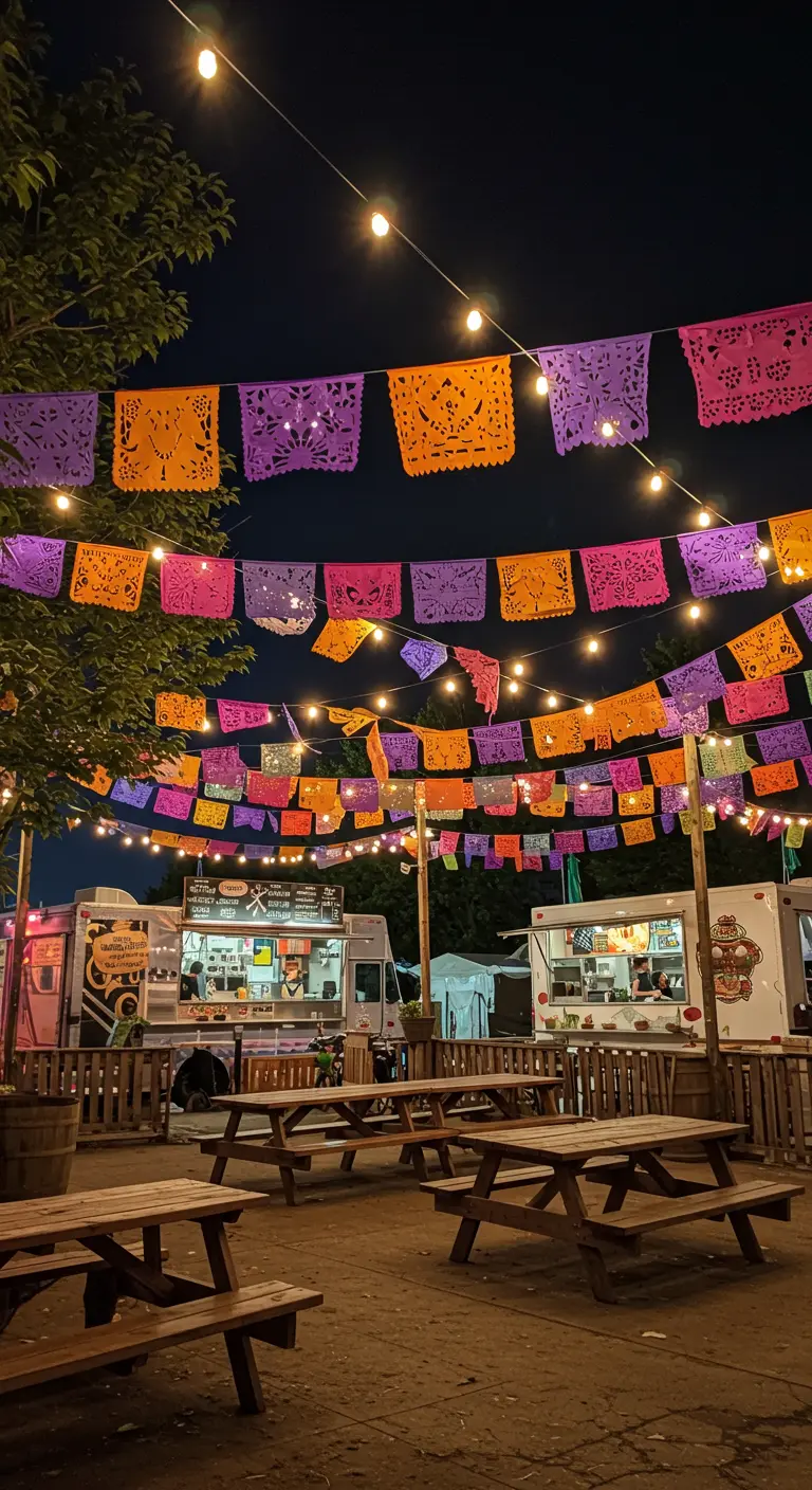 Patio de food trucks por la noche, iluminado por bombillas y decorado con papel picado.