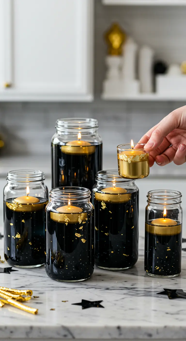 Frascos de vidrio con agua negra, pan de oro y velas flotantes doradas.
