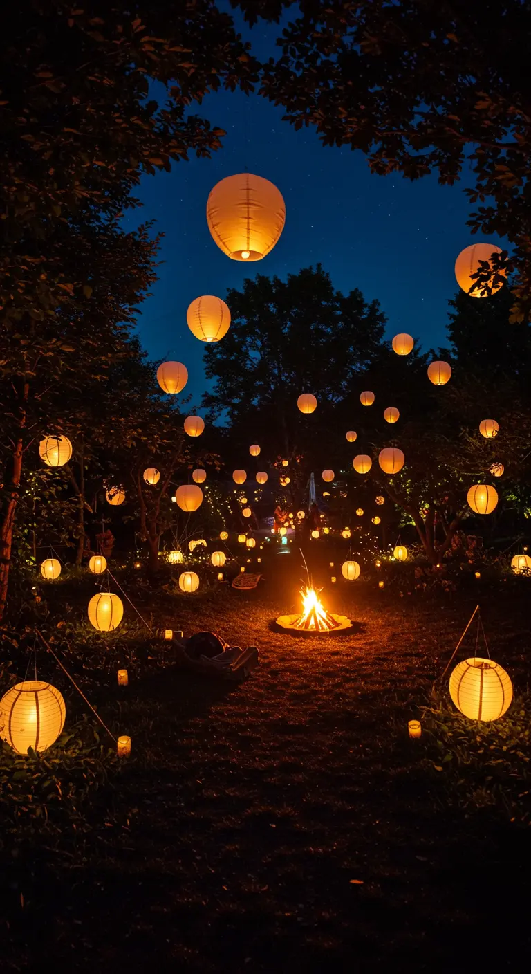 Jardín nocturno iluminado por decenas de farolillos de papel colgantes y una hoguera.