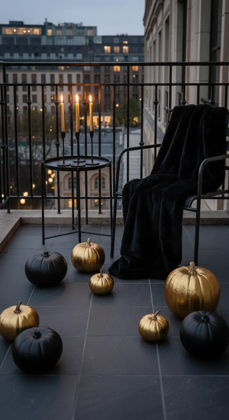 Balcón chic con calabazas pintadas de negro y dorado, y una manta de pelo.