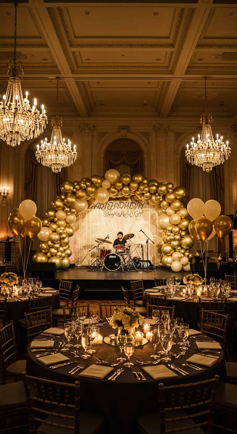 Arco de globos dorados y blancos en un elegante salón de baile para una fiesta de gala.