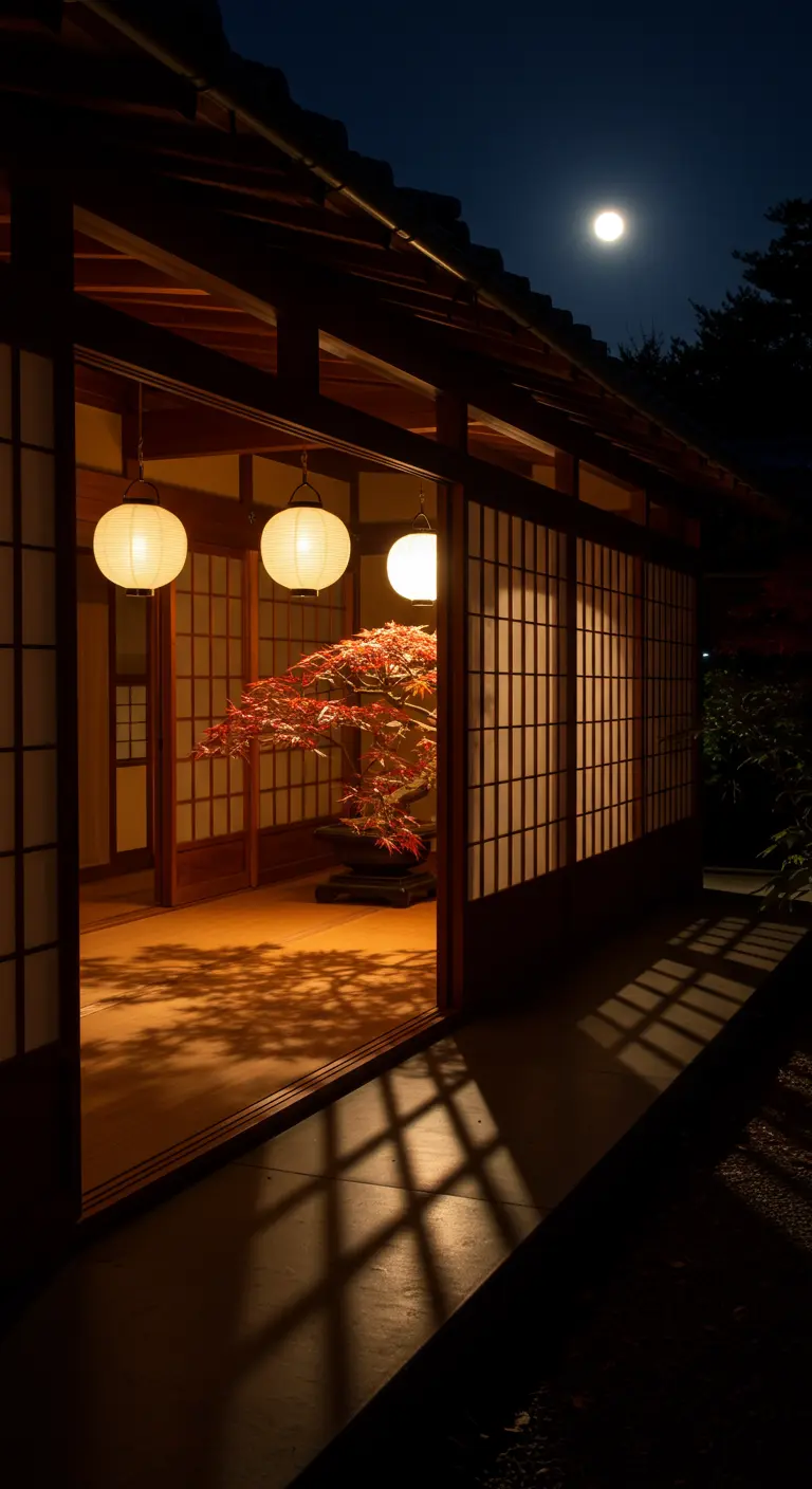 Porche japonés de noche con la luna llena, linternas colgantes y un bonsái de arce rojo iluminado.