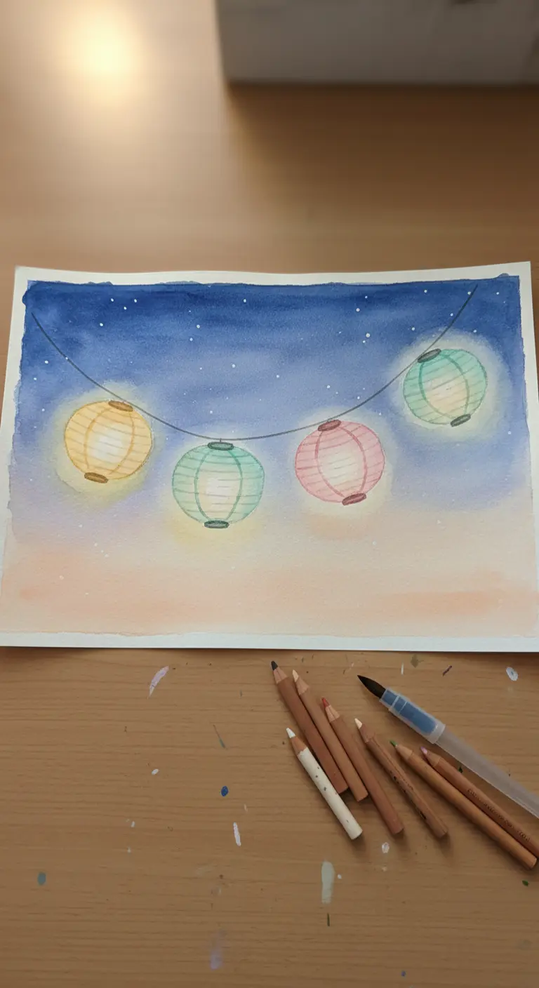 Pintura en acuarela de farolillos de papel de colores colgando contra un cielo nocturno.