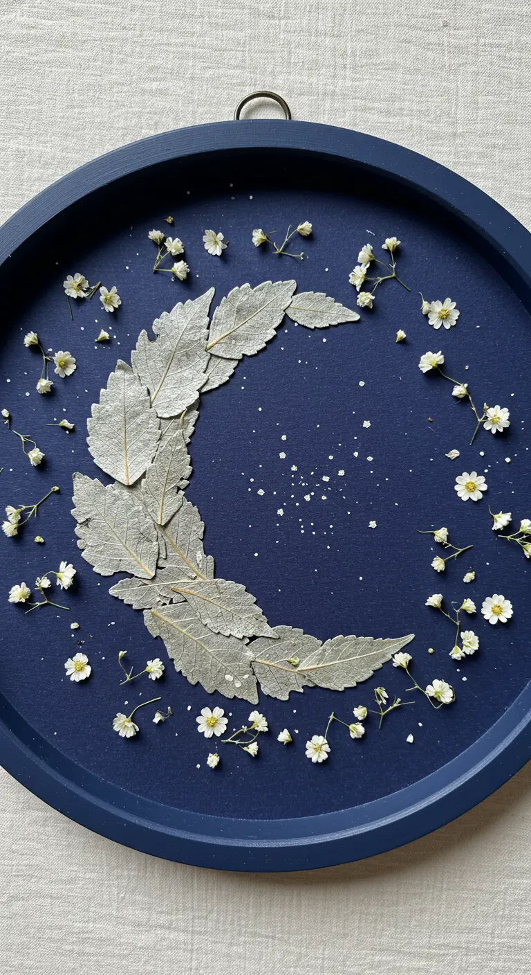 Luna creciente hecha con hojas plateadas y estrellas de florecillas blancas sobre fondo azul oscuro.