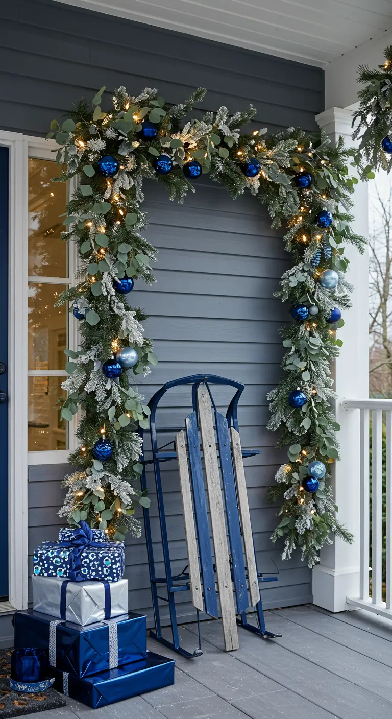Decoración de porche en tonos azul marino y plata, con guirnalda nevada y regalos a juego.