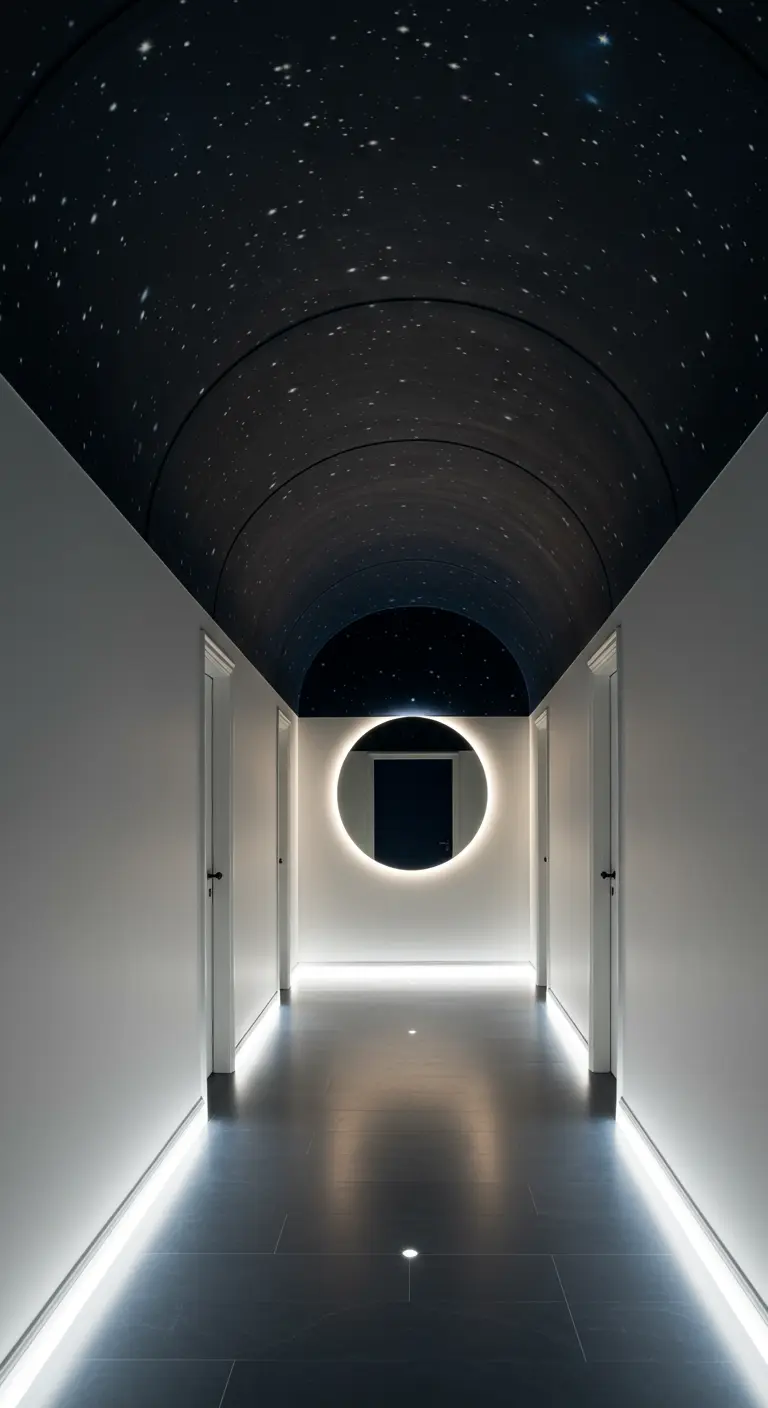 Pasillo futurista con techo abovedado pintado como un cielo estrellado y un espejo circular retroiluminado