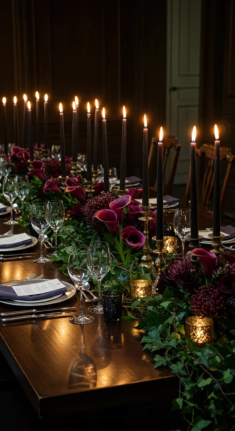 Centro de mesa oscuro y dramático con flores moradas y velas negras altas.