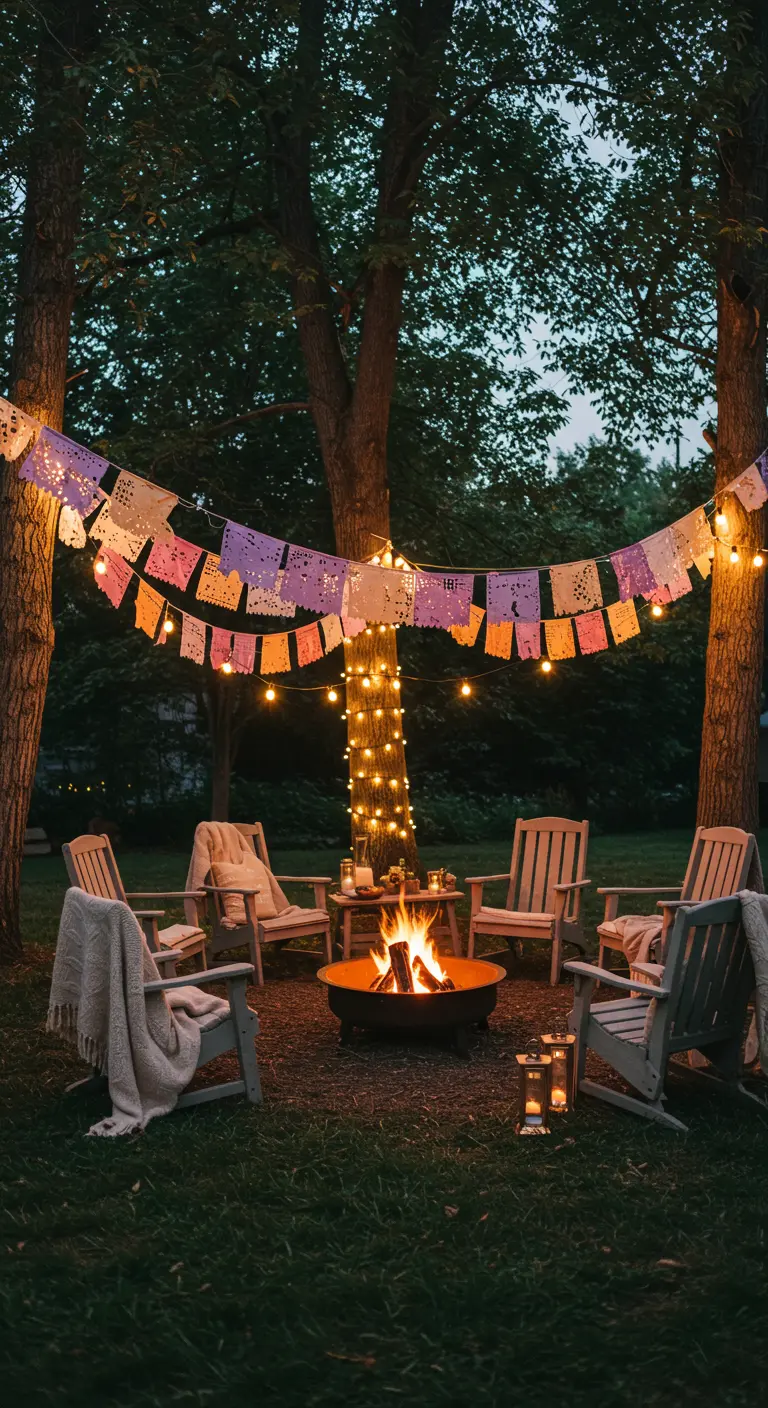 Zona de fogata en un jardín con papel picado y luces colgando entre los árboles.