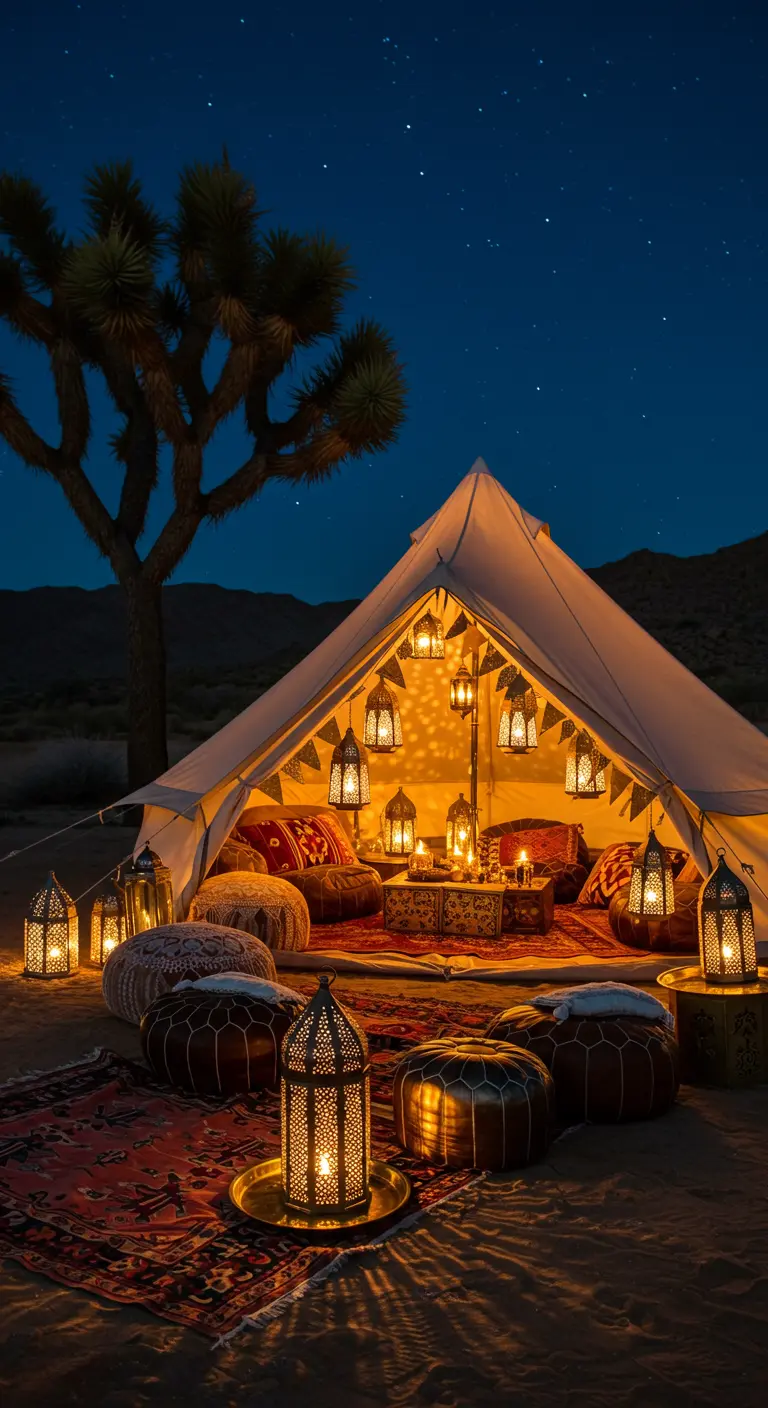 Tienda de campaña en el desierto por la noche, iluminada con faroles marroquíes.