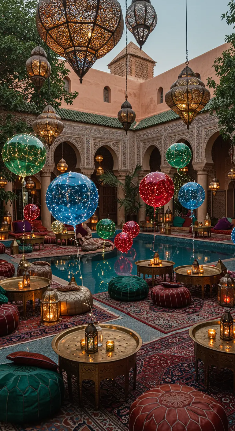Patio de estilo marroquí con globos transparentes llenos de luces de colores.
