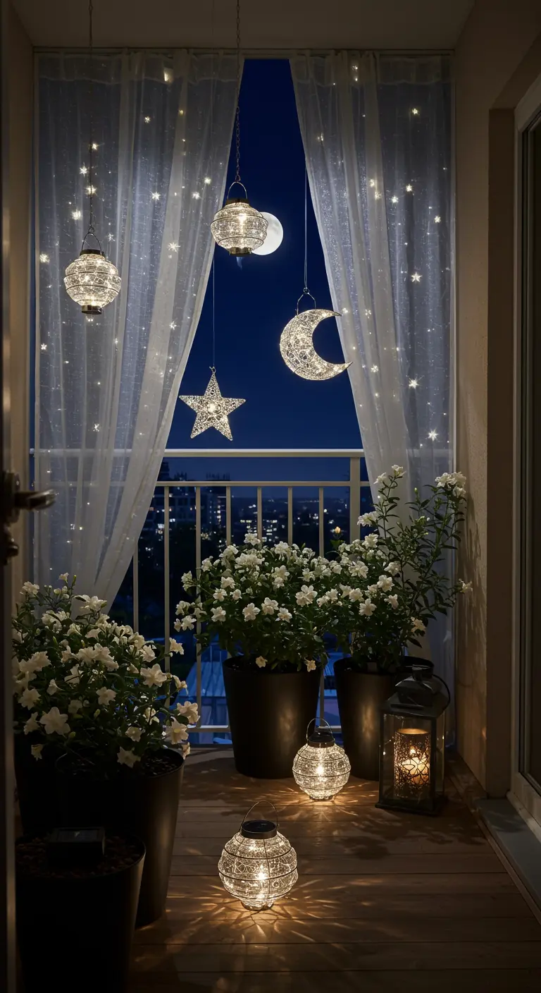 Balcón nocturno con cortinas de luces, lámparas en forma de luna y estrella, y flores blancas.