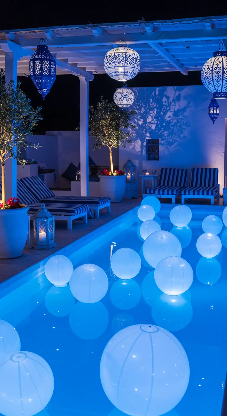 Piscina de noche con esferas de luz LED blancas y farolillos azules de estilo marroquí.