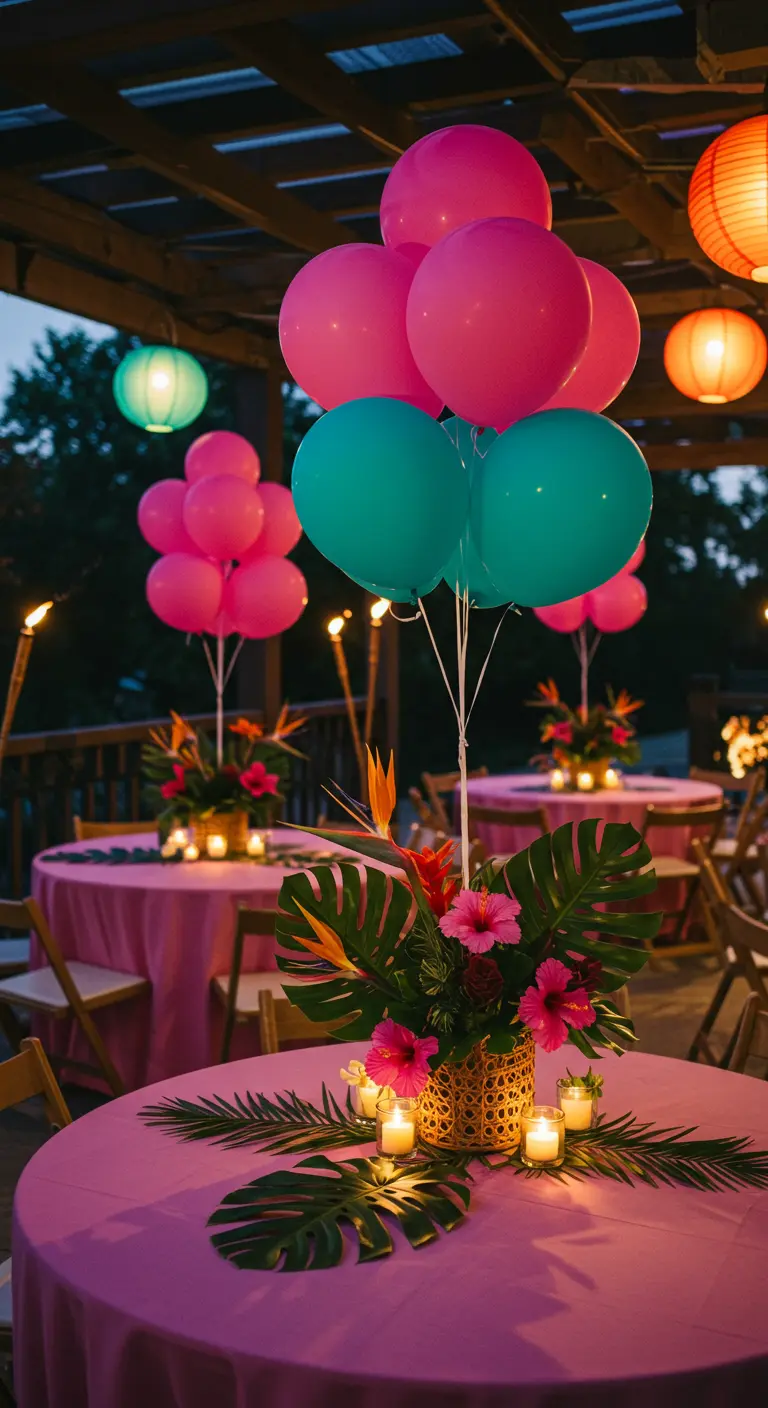 Centro de mesa tropical con globos fucsia y turquesa, y flores exóticas.