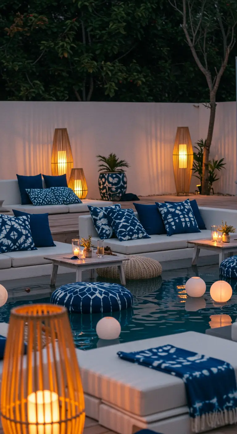 Zona de piscina por la noche con farolillos flotantes y lámparas de bambú.