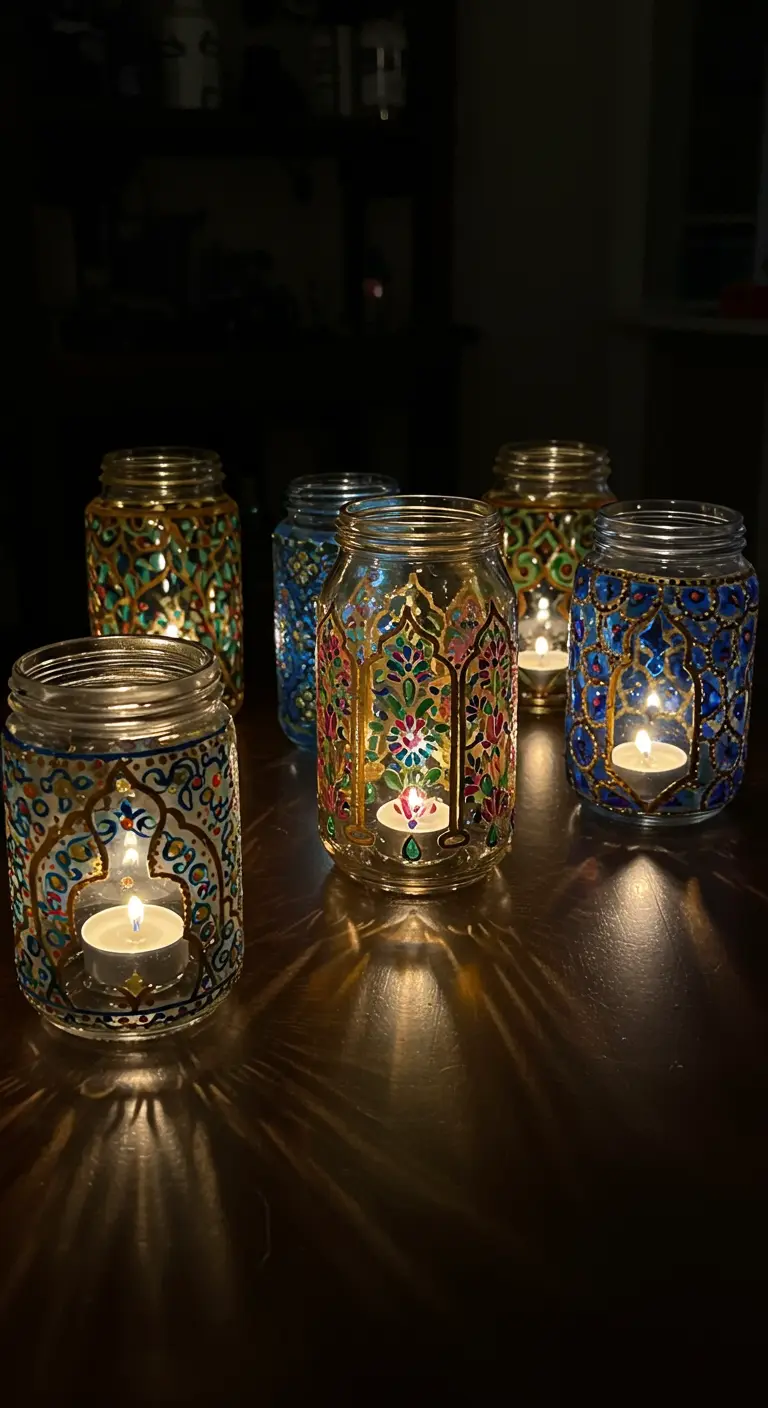 Frascos de vidrio pintados a mano con diseños de estilo marroquí, iluminados con velas desde dentro.