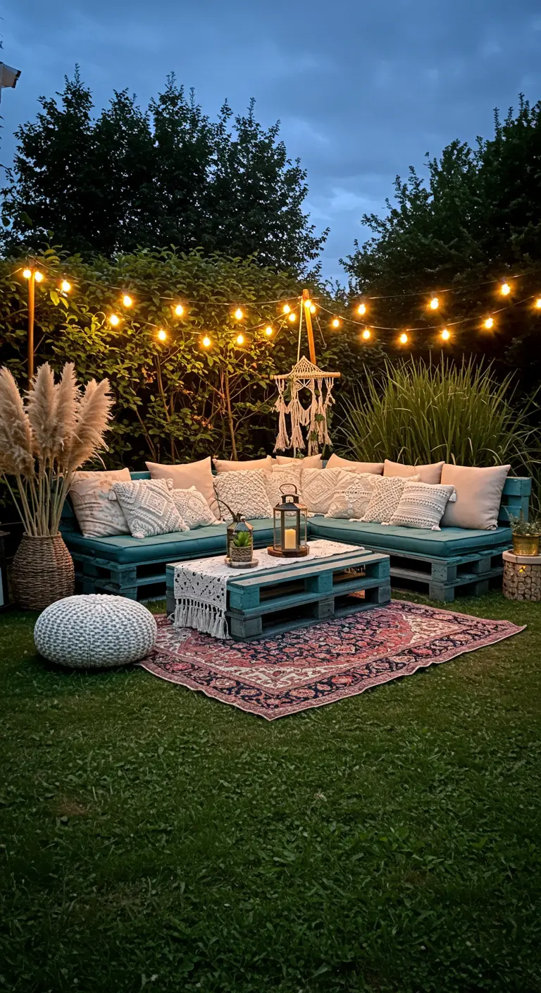 Zona chill out en el jardín con un sofá de palets en verde azulado, cojines claros y guirnaldas de luces.