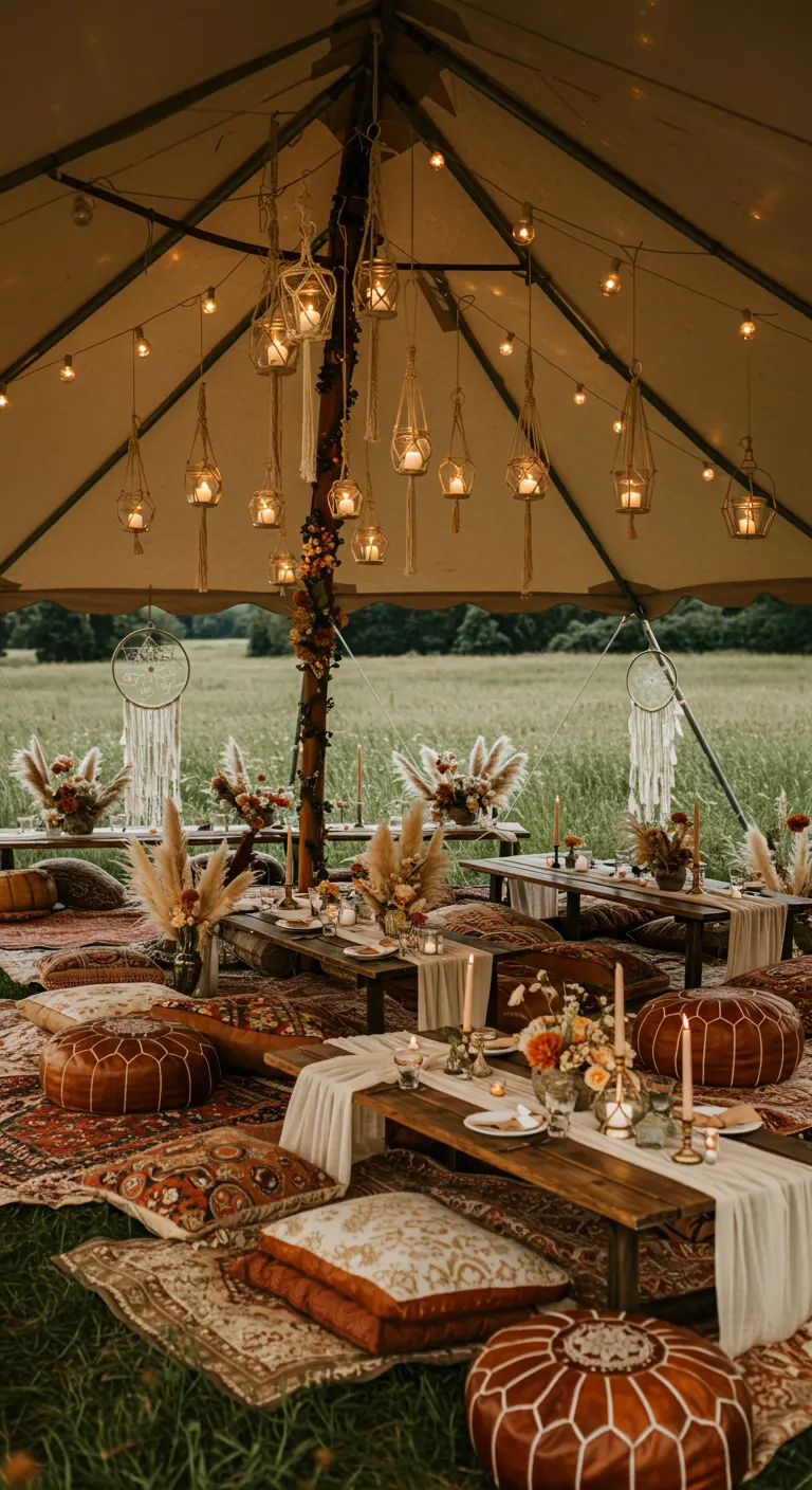 Portavelas de frasco en macramé cuelgan del techo de una carpa bohemia.