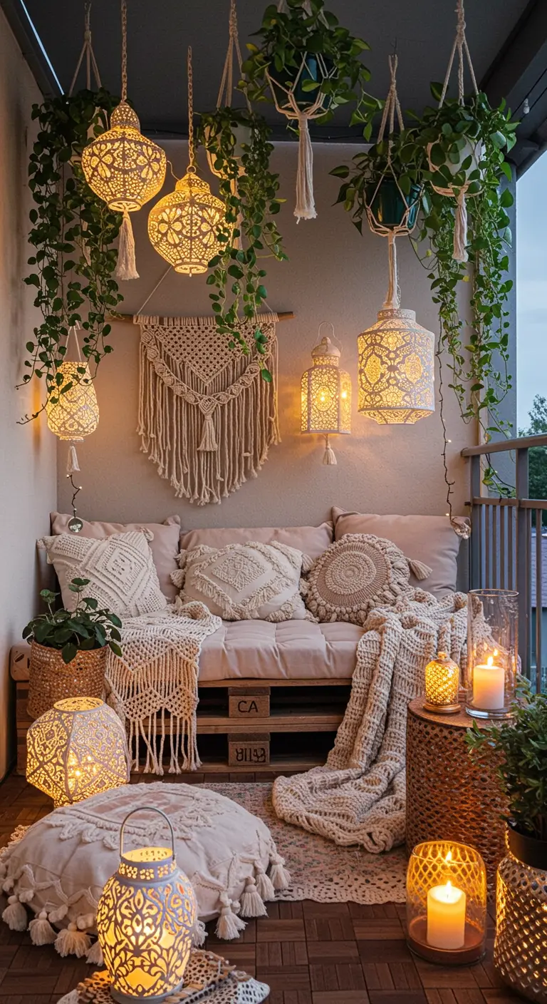 Balcón bohemio por la noche, iluminado por farolillos y decorado con macramé y cojines.