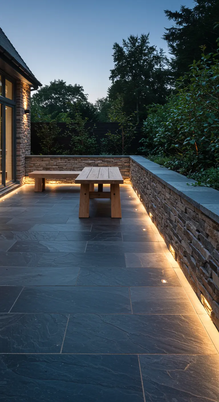 Terraza moderna de pizarra con un muro de piedra iluminado desde abajo por focos de suelo.