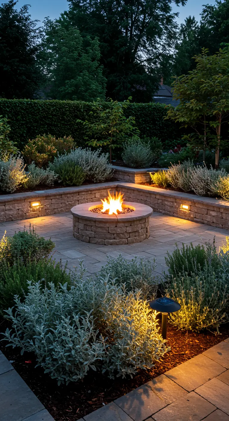 Una hoguera de piedra redonda en un patio, rodeada por un parterre curvo con salvia y romero.