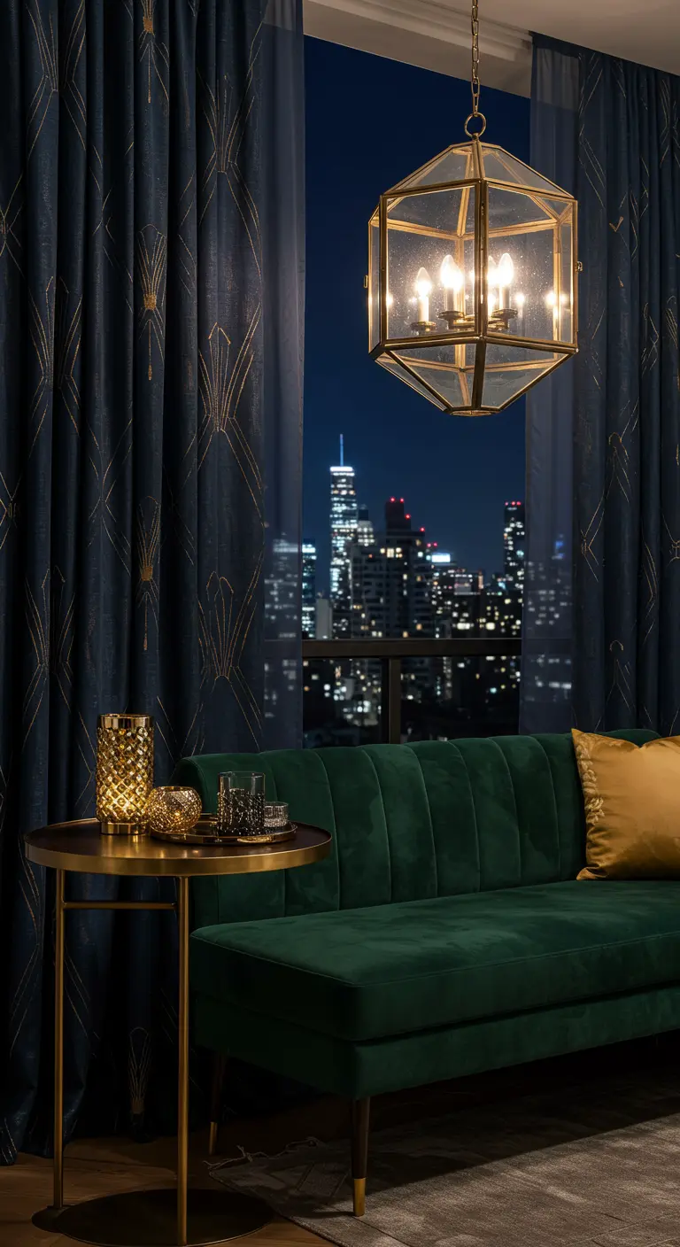 Balcón interior elegante con cortinas azul noche, sofá de terciopelo verde y lámpara Art Déco.