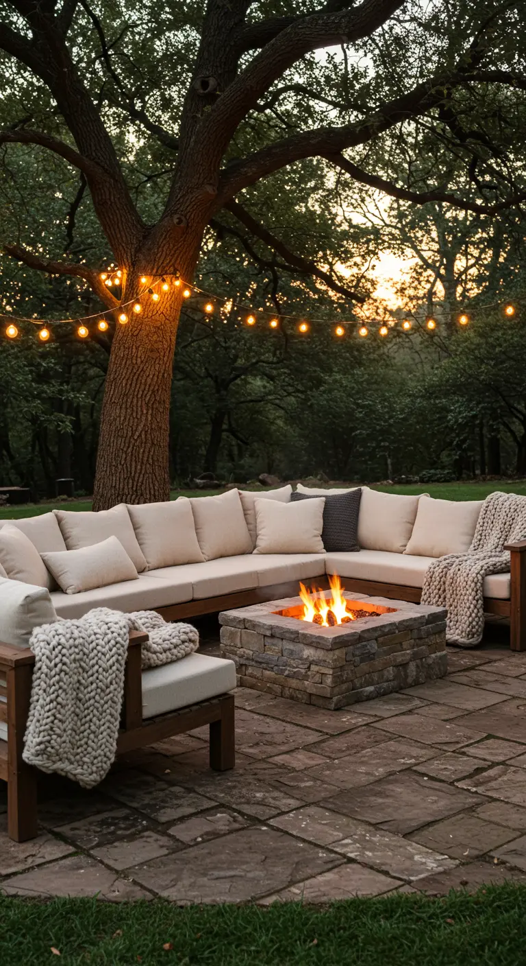 Patio rústico con un sofá seccional beige, mantas de punto grueso y una hoguera de piedra central.