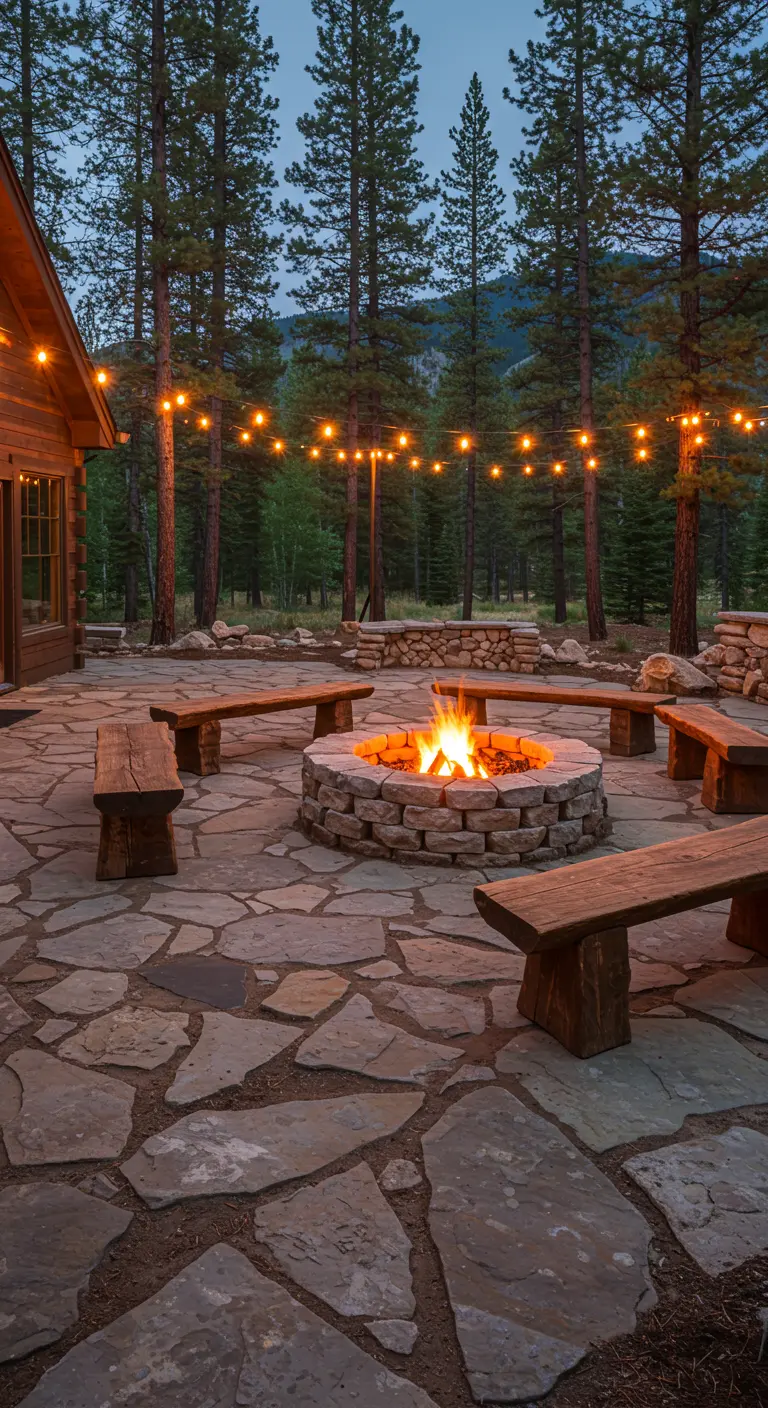 Zona de hoguera con suelo de lajas, pozo de fuego de piedra y bancos de madera bajo luces.