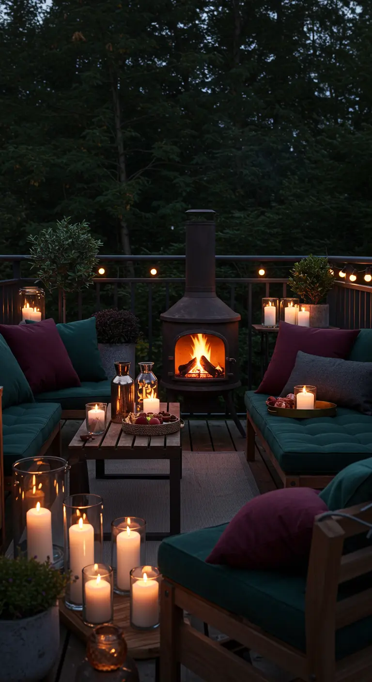 Balcón de noche con una chimenea encendida, sofás con cojines oscuros y muchas velas.